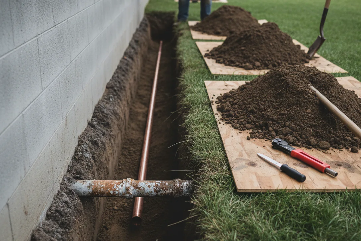 Excavated water line trench during Sewer Line Repair in Georgetown